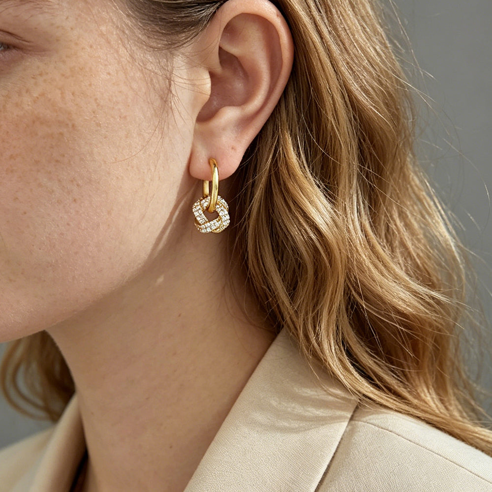 Pave Knot Drop Hoop Earrings