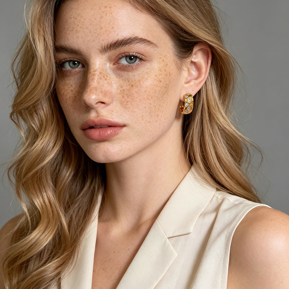 Honeycomb Pave C-Hoop Earrings