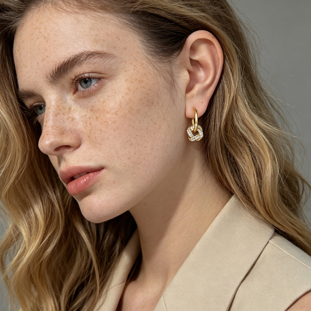 Pave Knot Drop Hoop Earrings