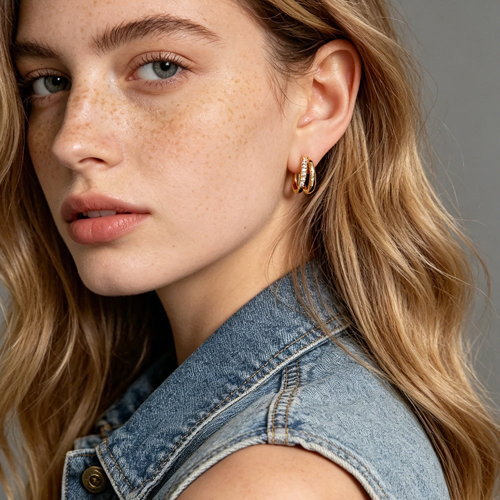 Double Layer Pave Huggie Earrings
