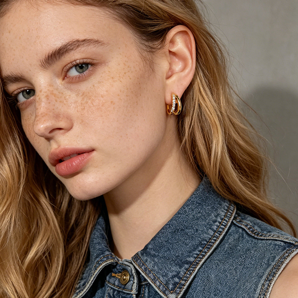 Double Layer Pave Huggie Earrings