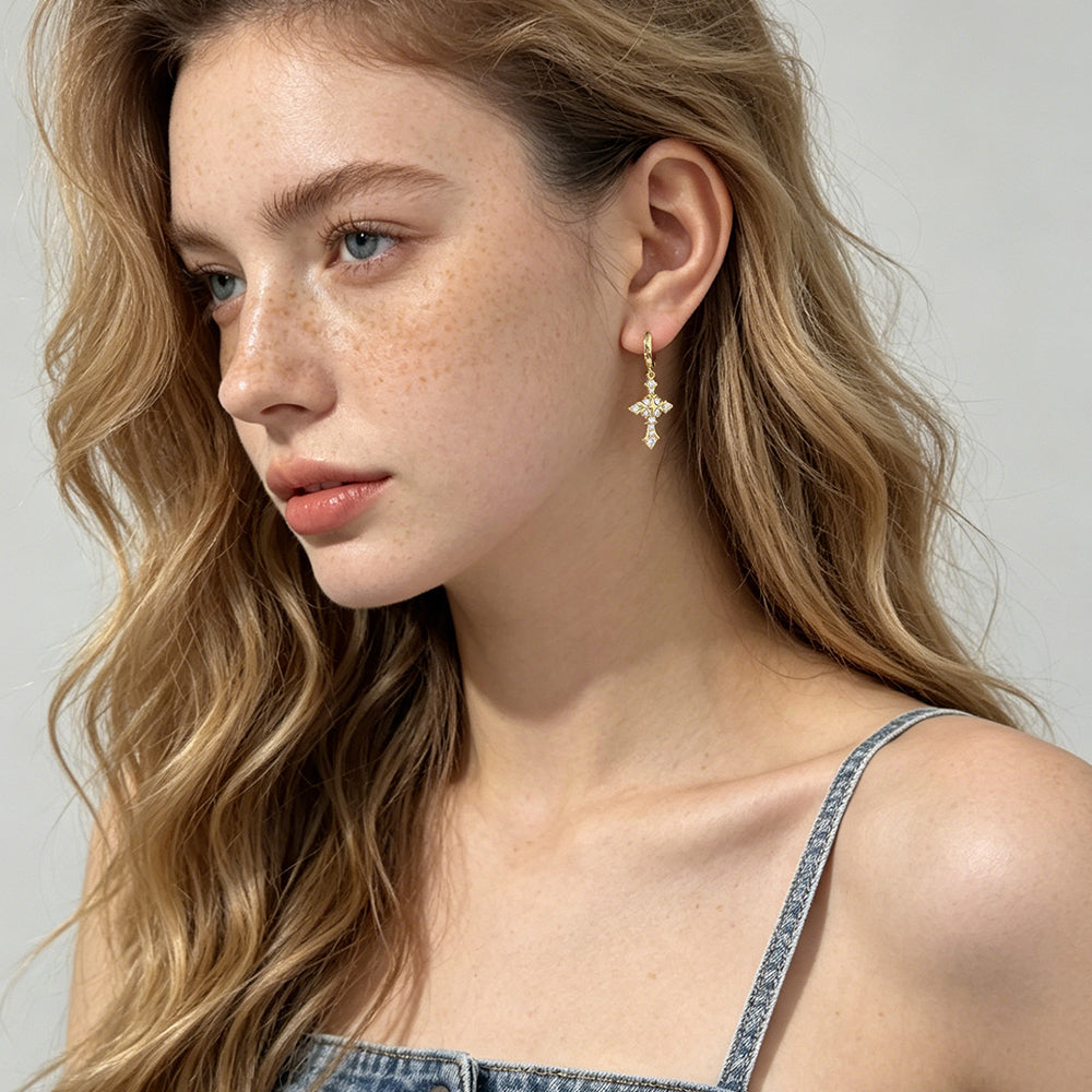 Vintage Cross Dangle Huggie Earrings