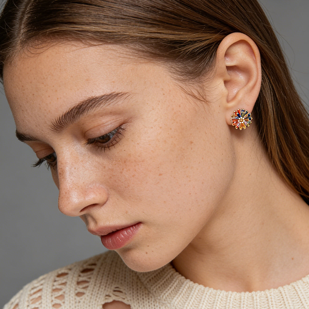 Multicolor CZ Floral Stud Earrings
