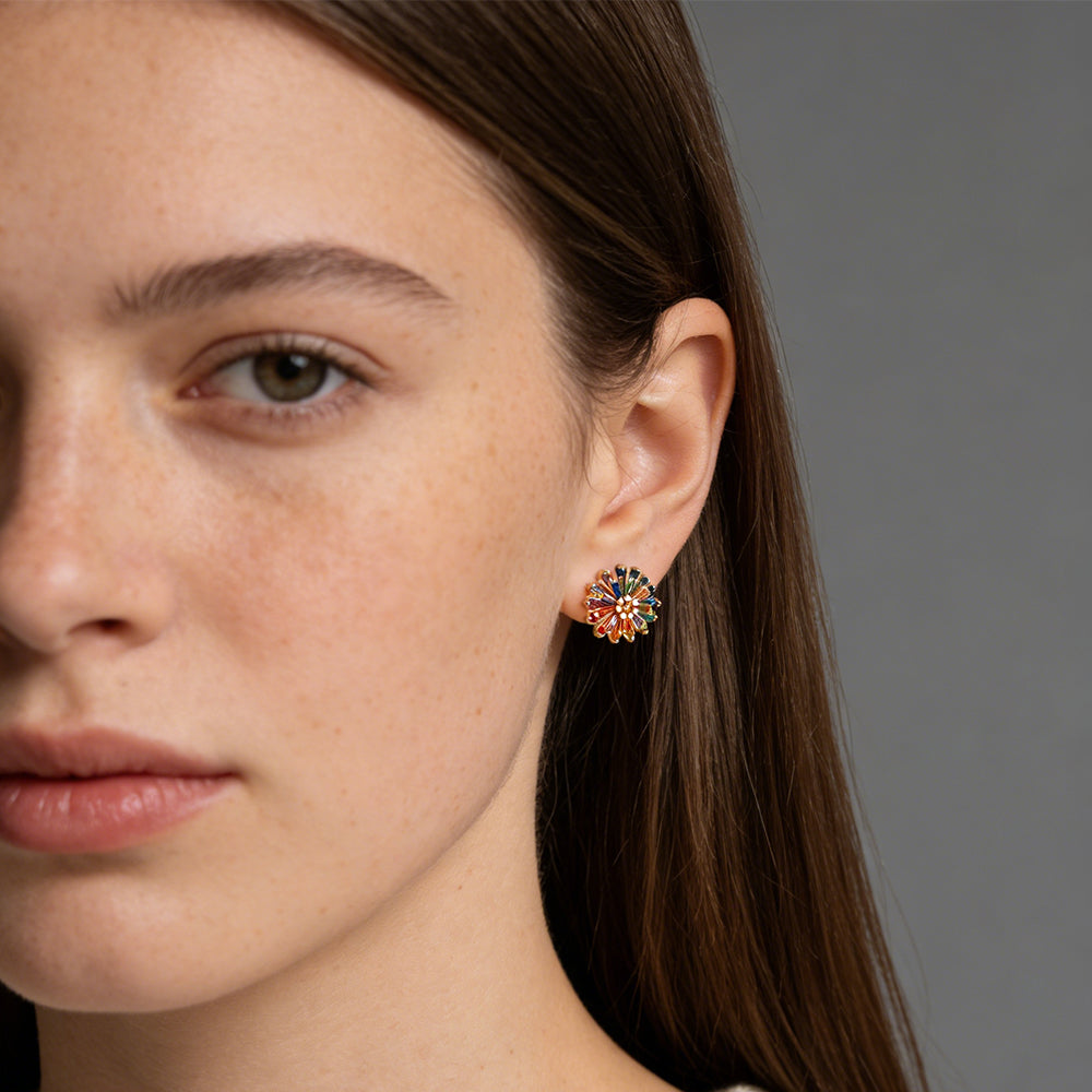 Multicolor CZ Floral Stud Earrings