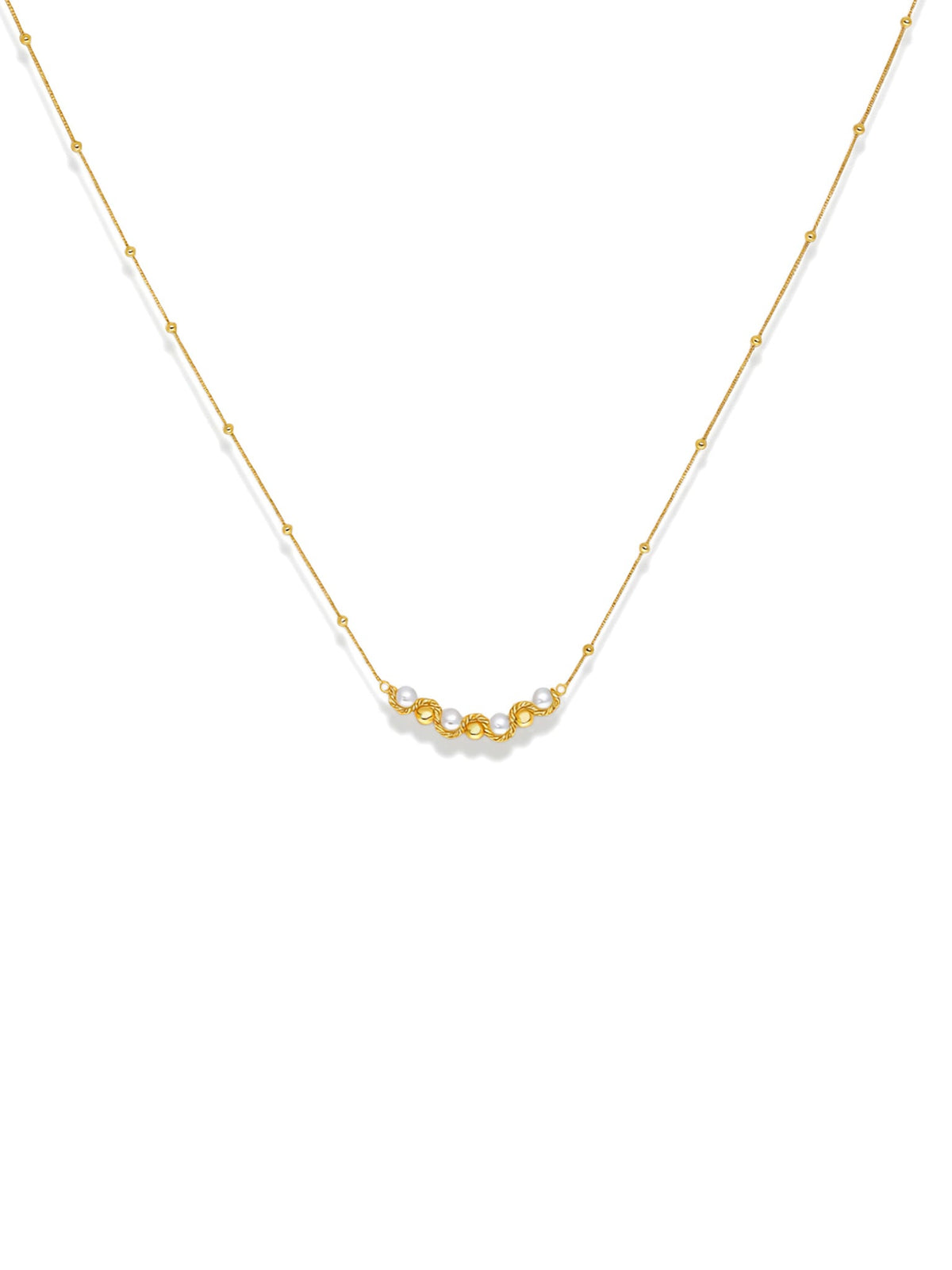 Accent Beaded Choker Necklace in gold with faux pearls, on a white background, front close-up