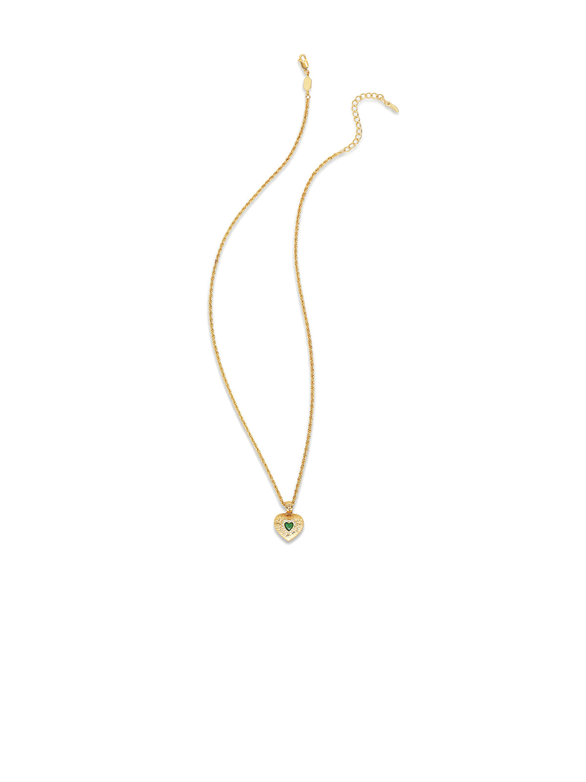 Emerald Heart Pendant Necklace in gold with a green heart, on a white background, full view