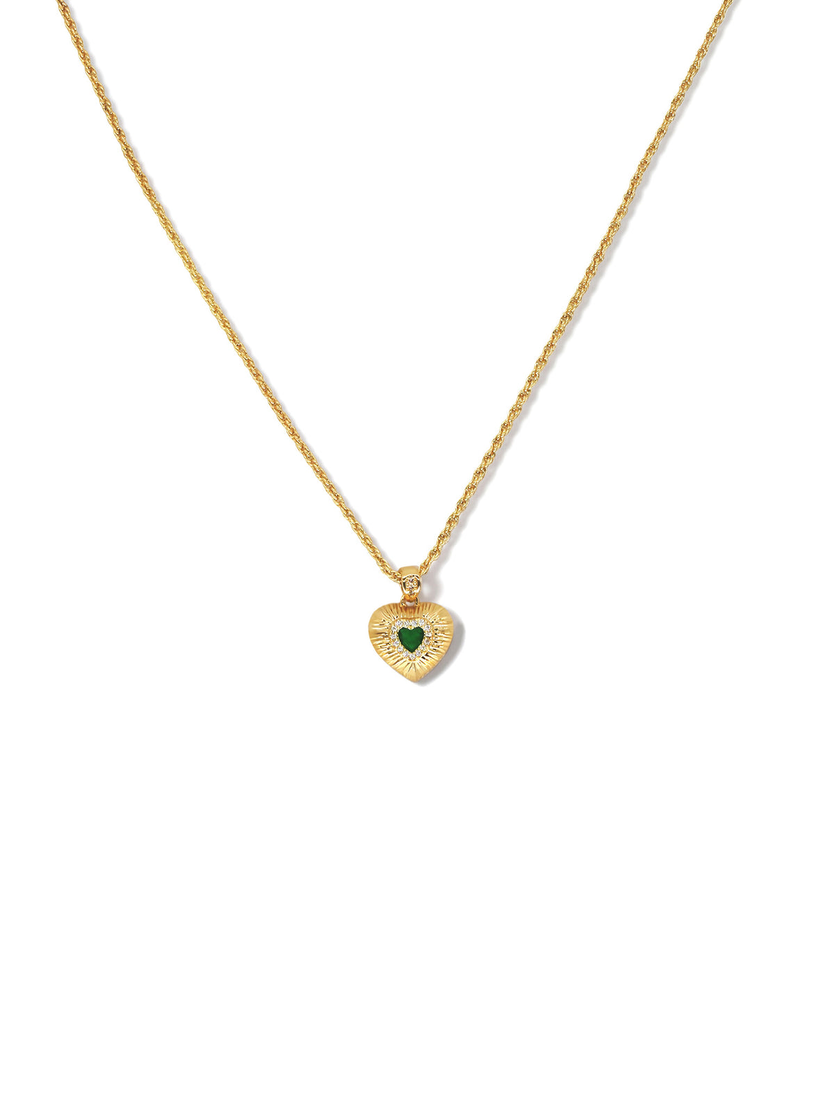 Emerald Heart Pendant Necklace in gold with a green heart, on a white background, pendant close-up