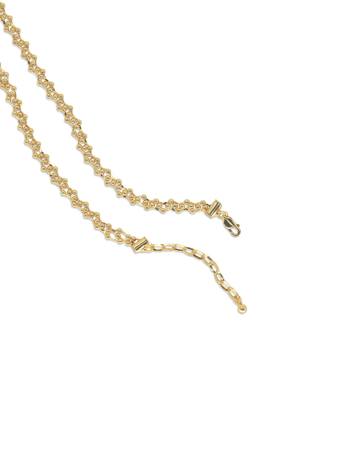 Golden Beaded Choker Necklace in gold, on a white background, clasp and extender detail
