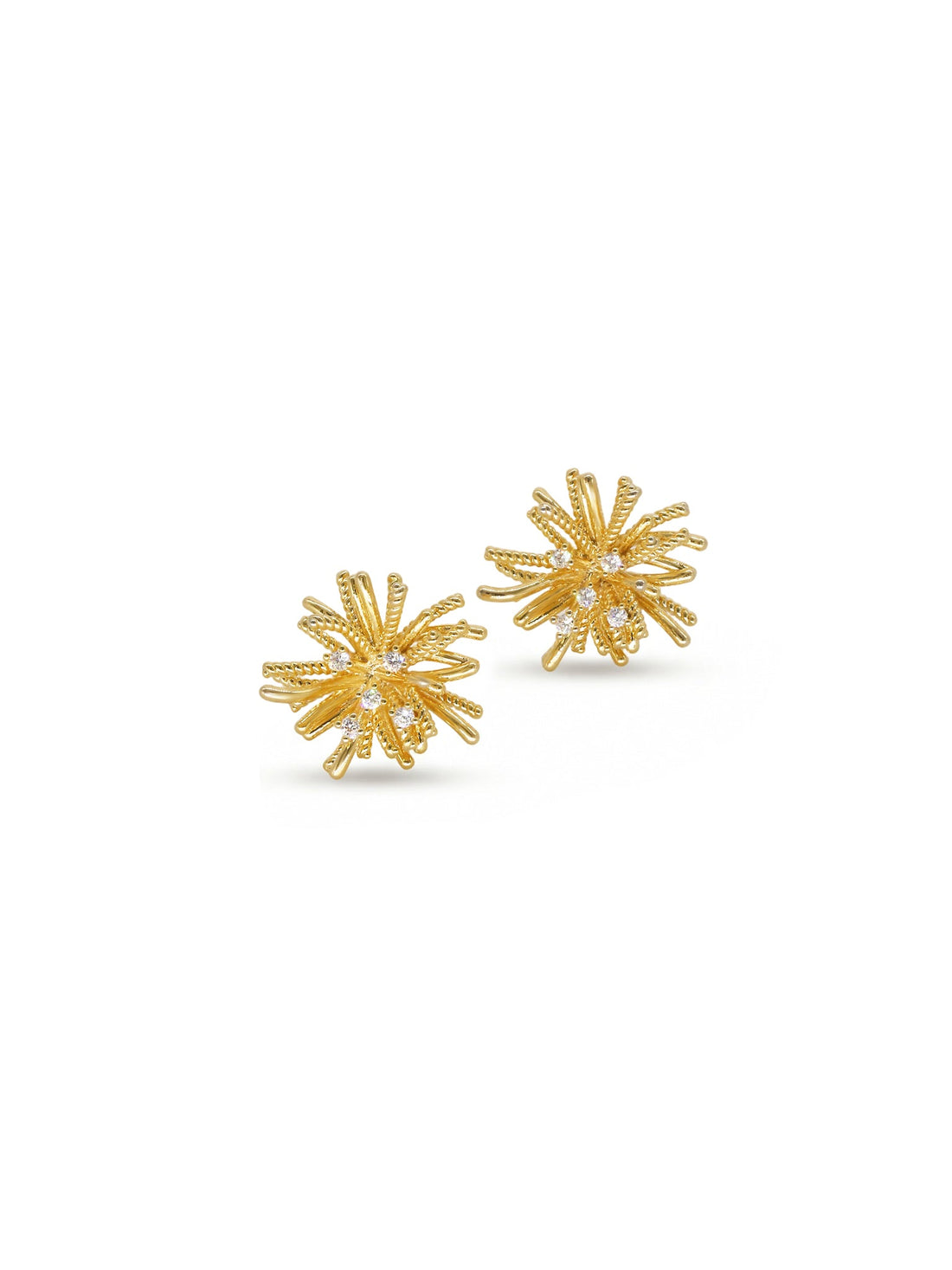 Golden Bloom Stud Earrings in gold with clear stones, on a white background, front view