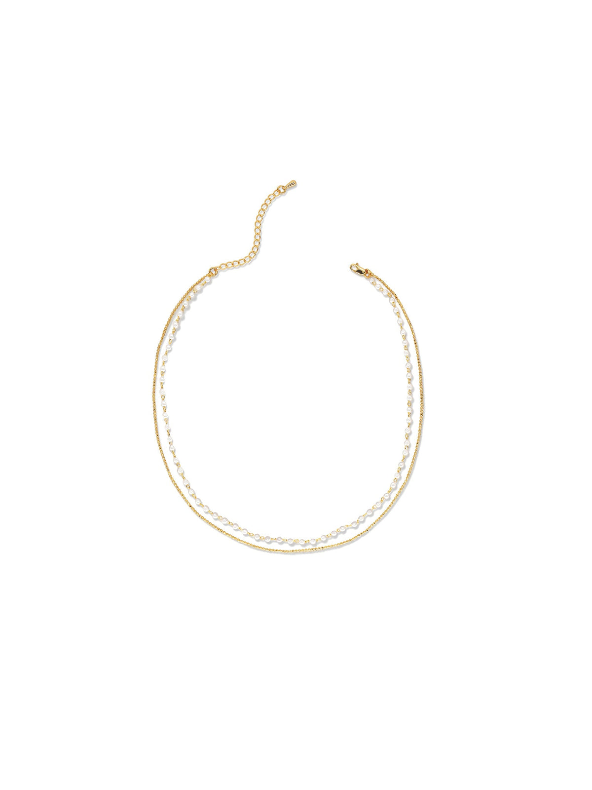 Layered Heart Pendant Necklace in gold with faux pearls, on a white background, pearl and chain set detail