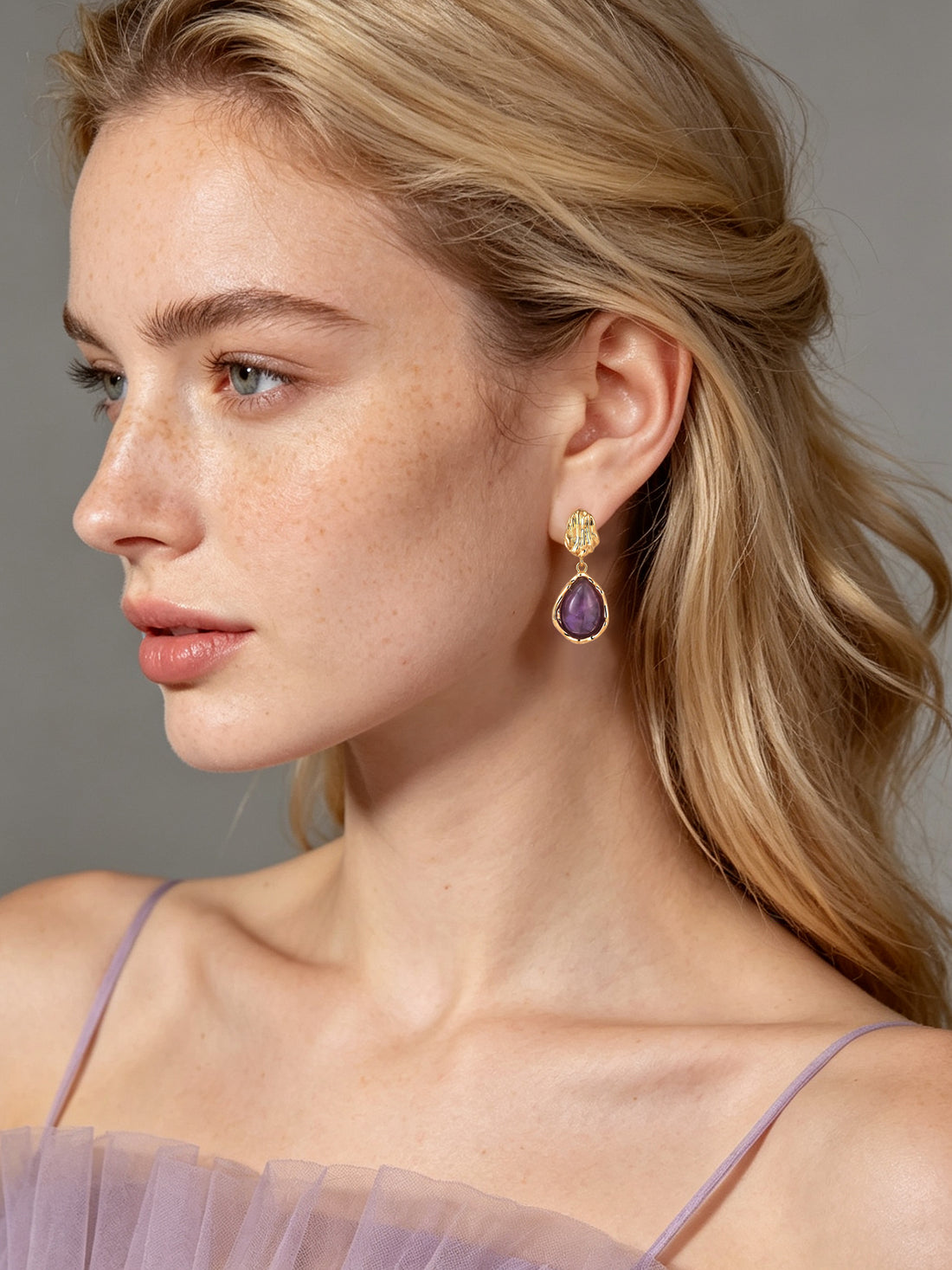 Molten Gold Violet Crystal Drop Earrings – Image 8