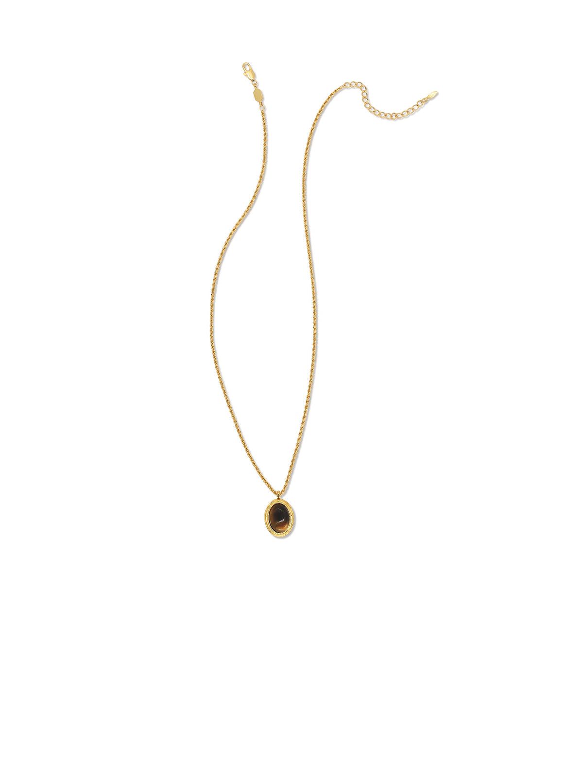 Oval Glow Pendant Necklace in gold with a brown stone, on a white background, full view