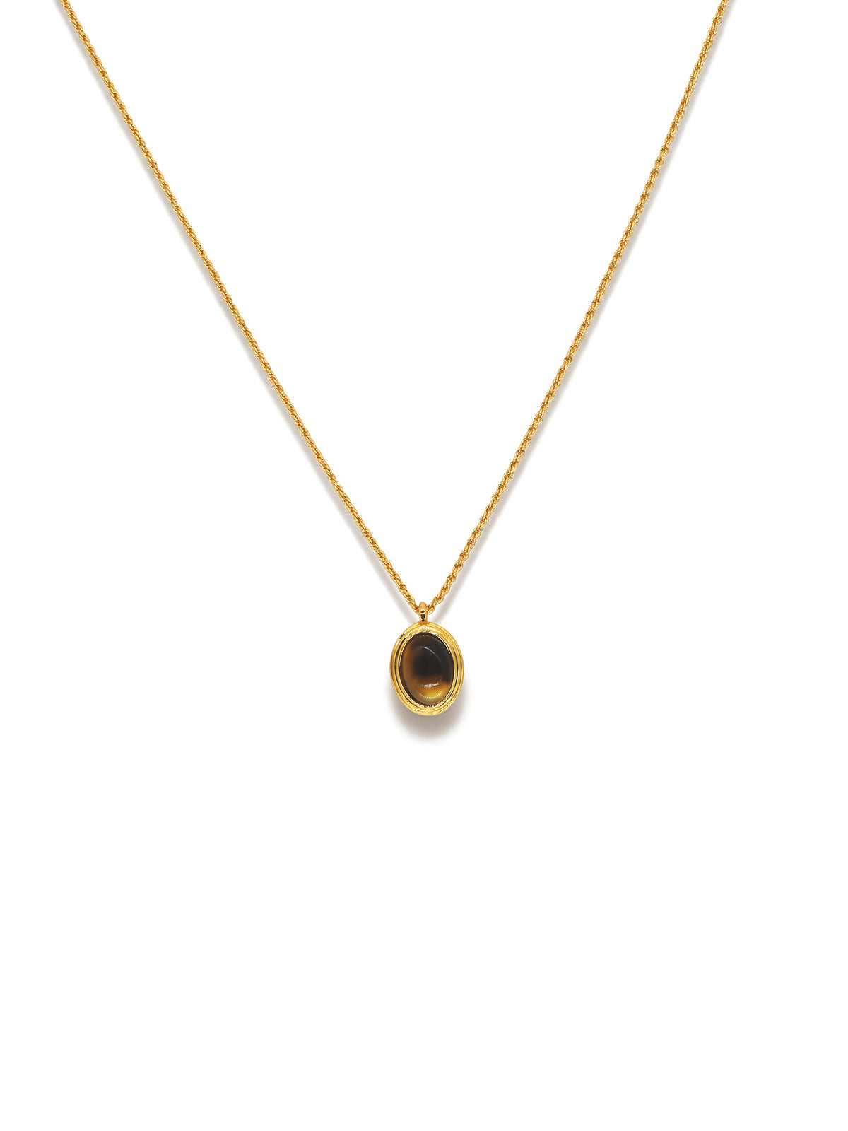 Oval Glow Pendant Necklace in gold with a brown stone, on a white background, pendant close-up