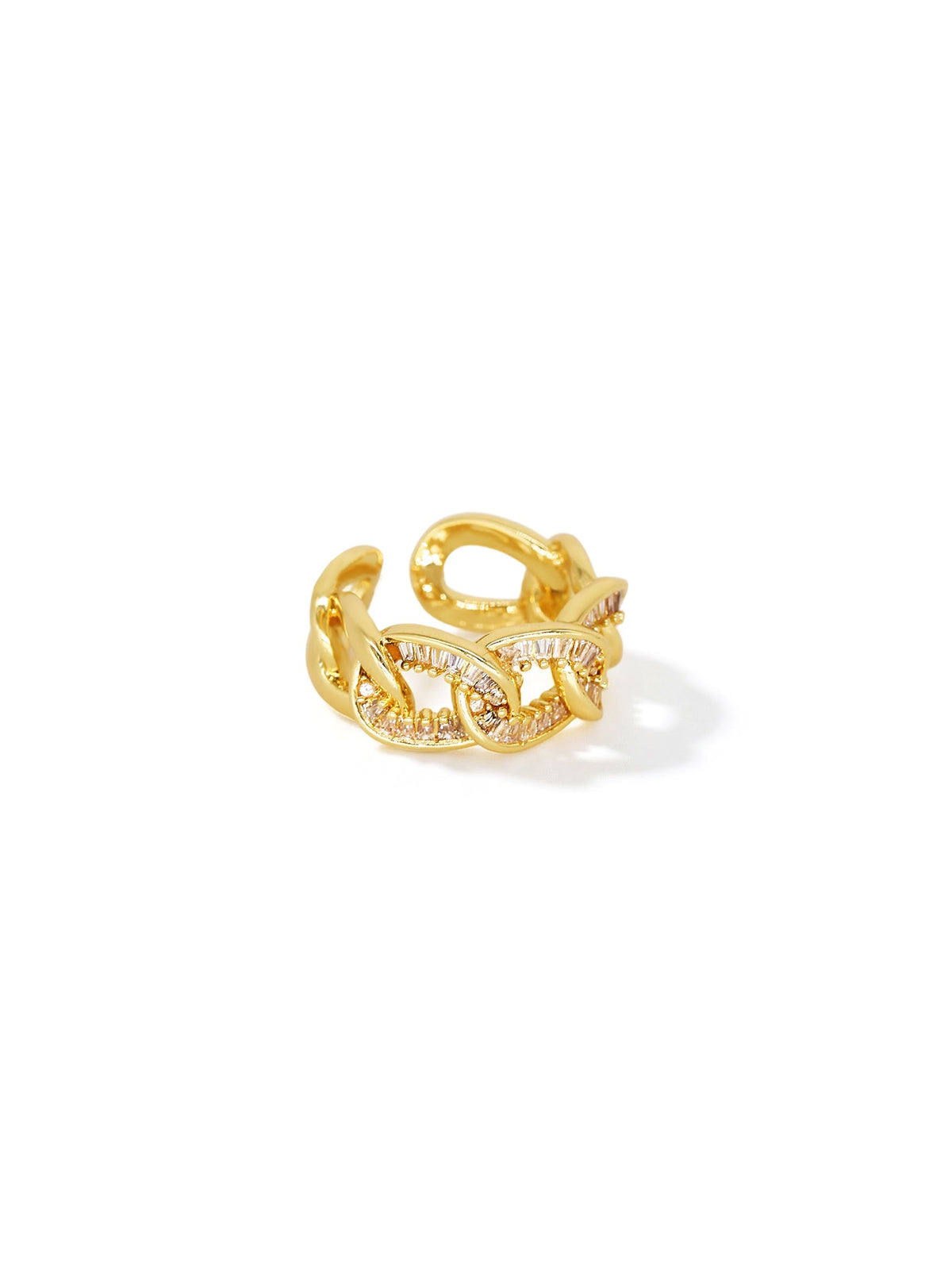 Self-Connection Chain Ring in gold with clear stones, on a white background, front view