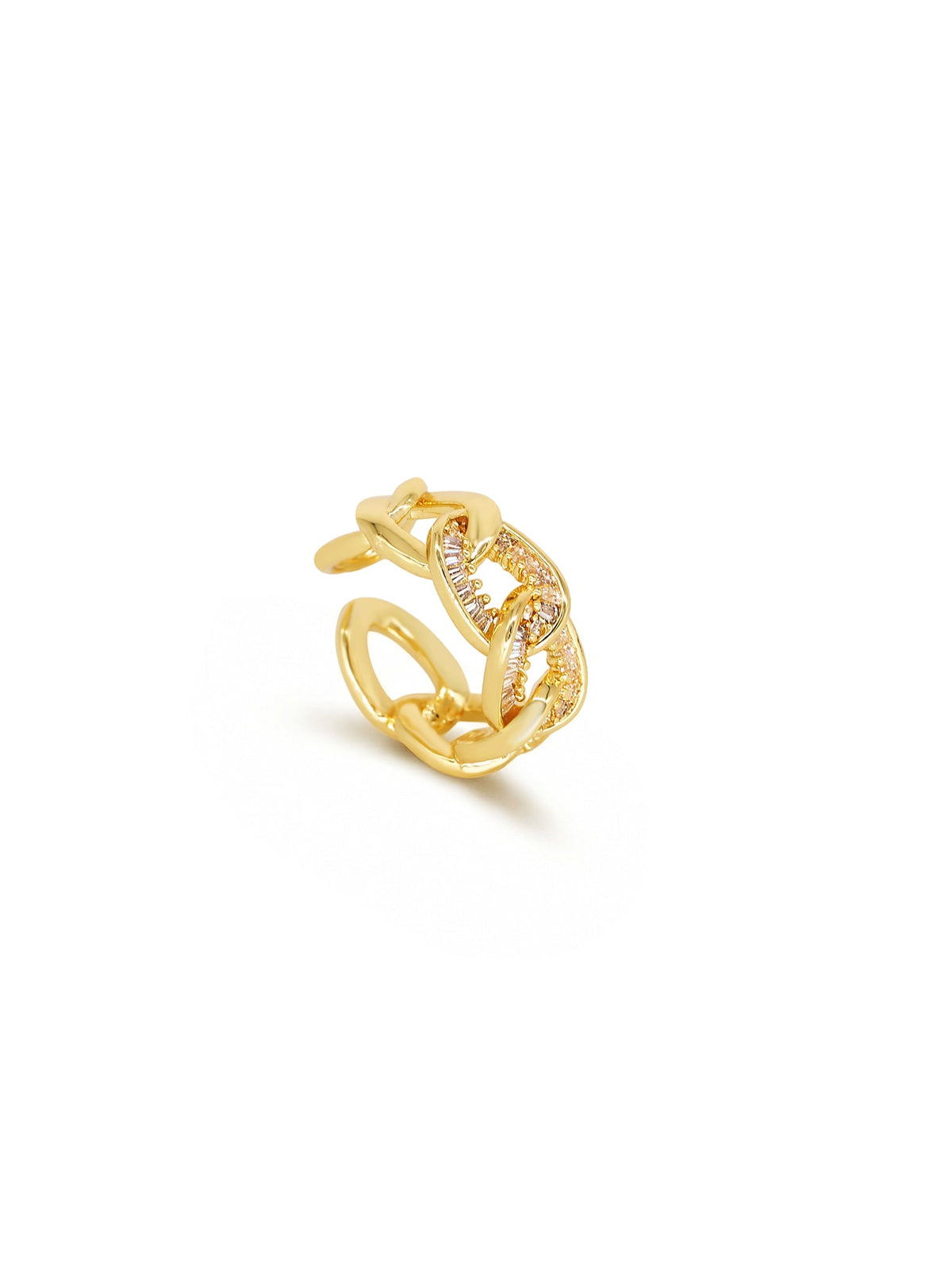 Self-Connection Chain Ring in gold with clear stones, on a white background, three quarter view