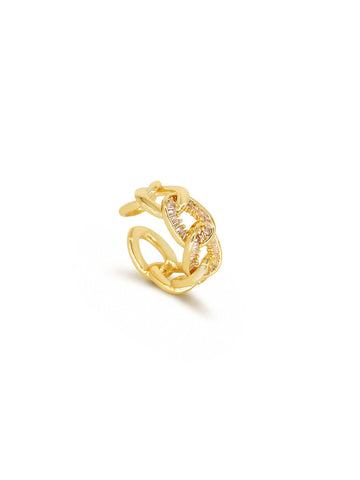 Self-Connection Chain Ring in gold with clear stones, on a white background, three quarter view
