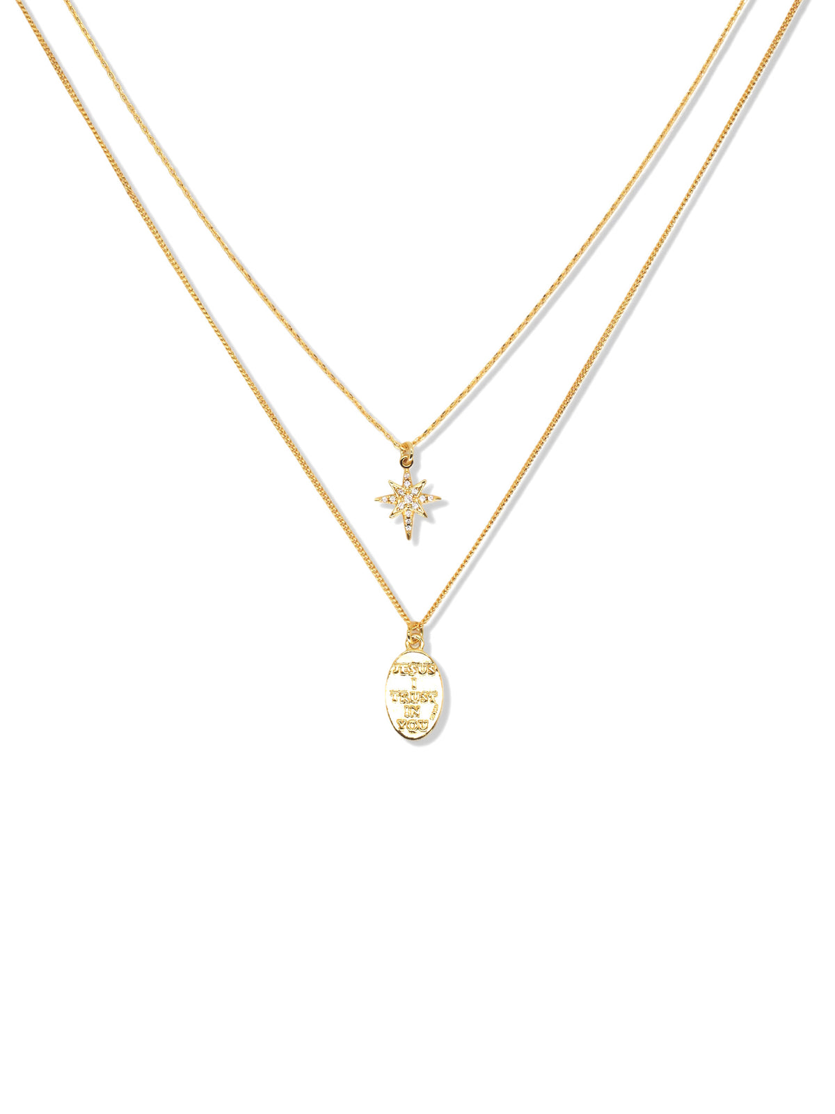 Star and Engraved Layered Necklace in gold, on a white background, full view