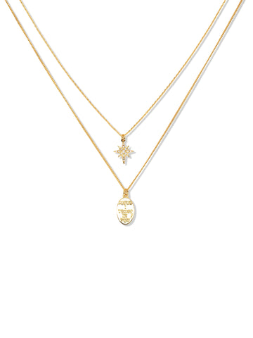 Star and Engraved Layered Necklace in gold, on a white background, full view