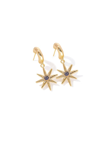 Starlight Compass Drop Earrings in gold with blue and clear stones, on a white background, three quarter view