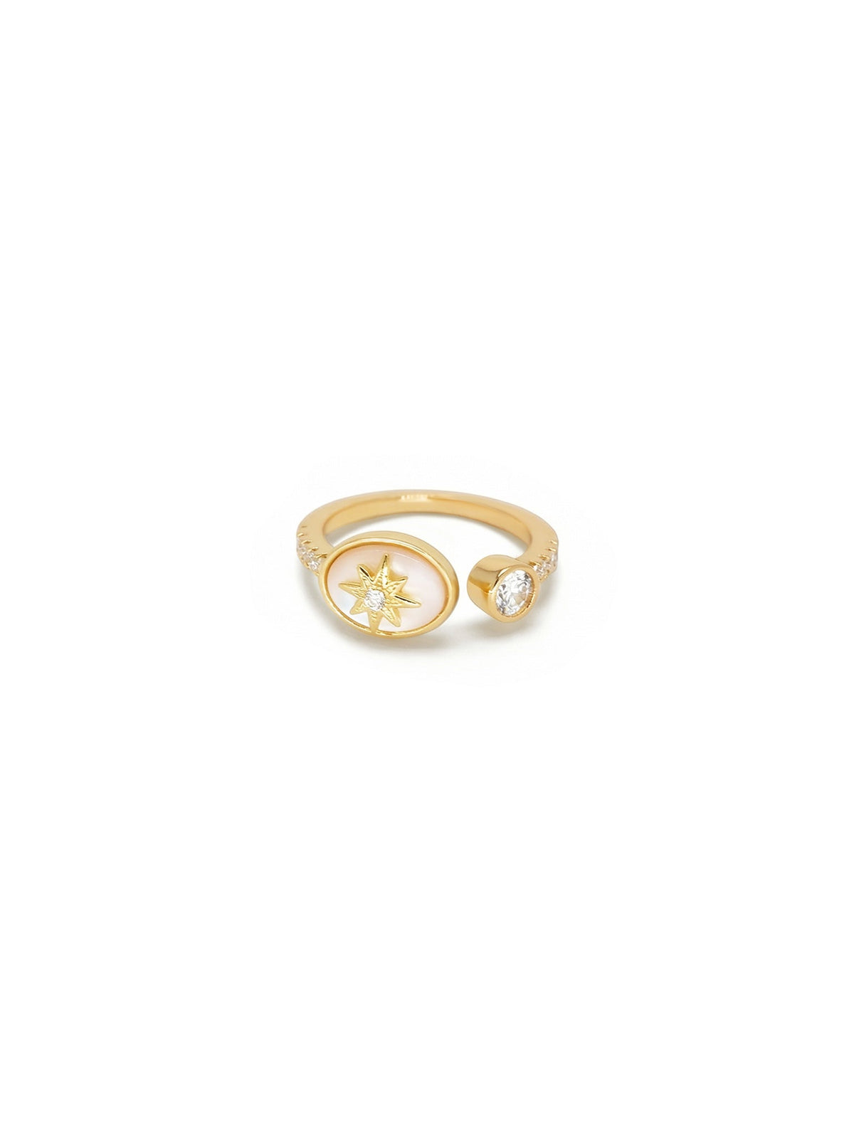 The Guiding Star Open Ring in gold with clear stones, on a white background, three quarter view
