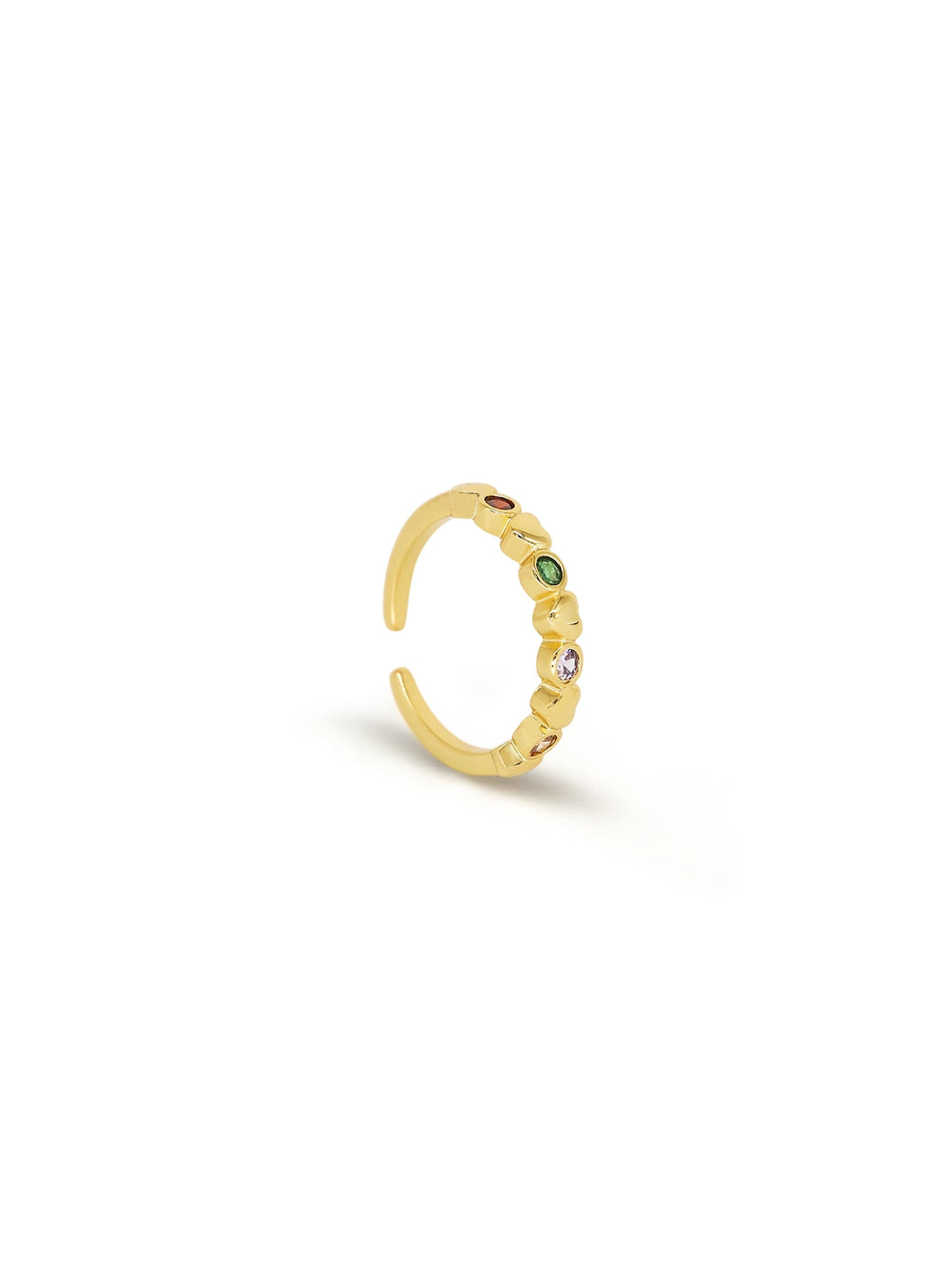 Wishkeeper Ring in gold with multicolor stones, on a white background, profile view