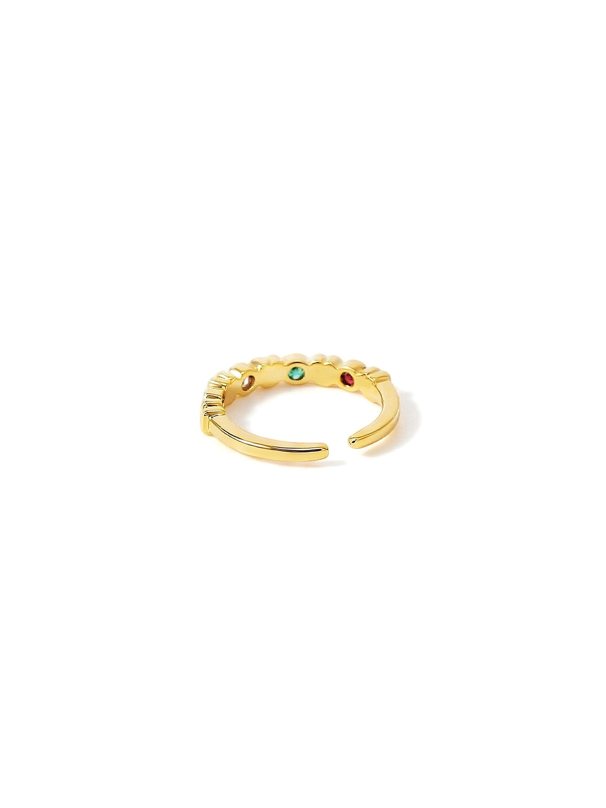 Wishkeeper Ring in gold with multicolor stones, on a white background, profile view
