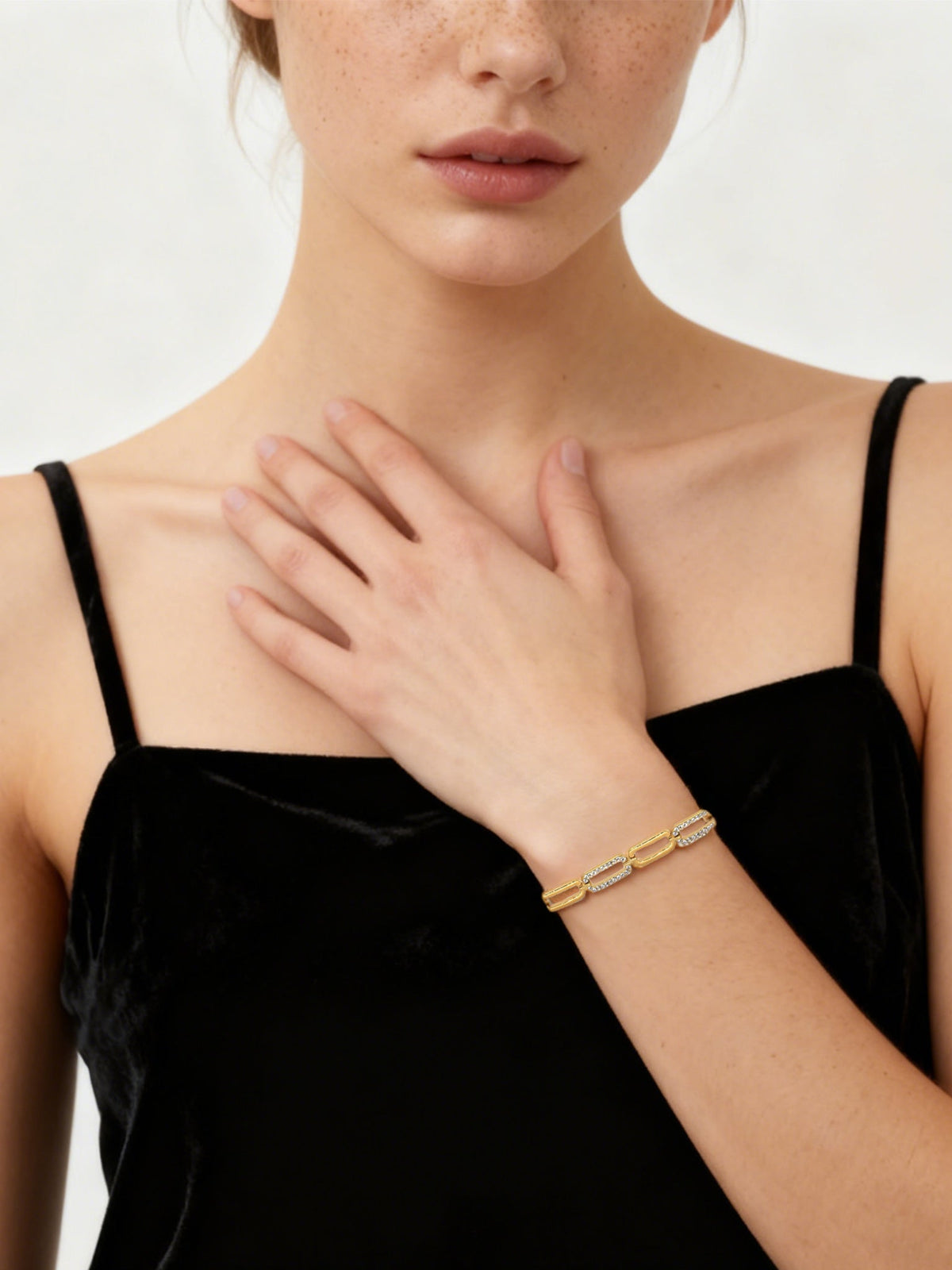 Wrist Sparkle Zircon Link Bracelet in gold with clear zircons, shown on a model, front view