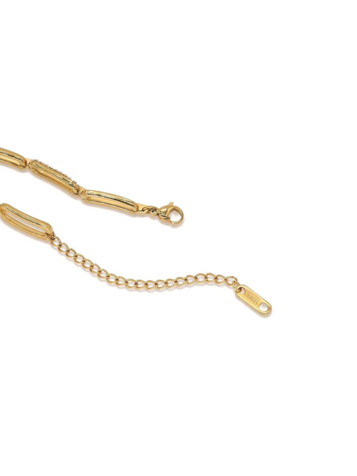 Wrist Sparkle Zircon Link Bracelet in gold with clear zircons, on a white background, clasp and extender detail